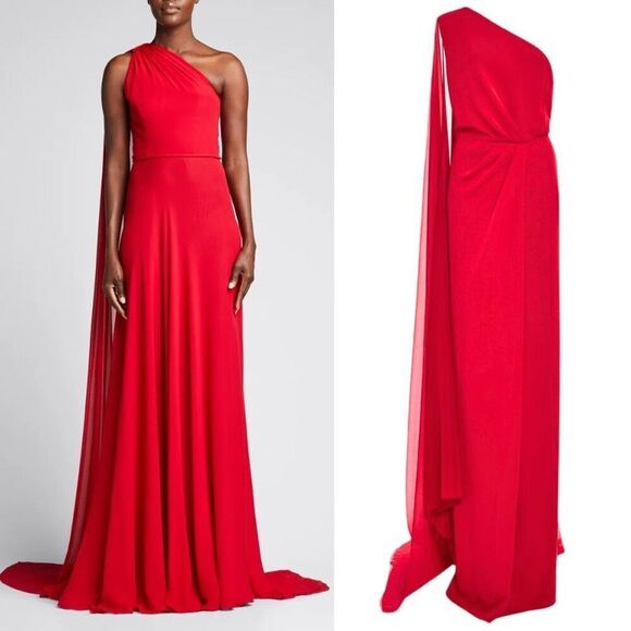 Naeem Khan Red 100% Silk Draped One-Shoulder Braided Waist Chiffon Gown Size 4 - Picture 1 of 13